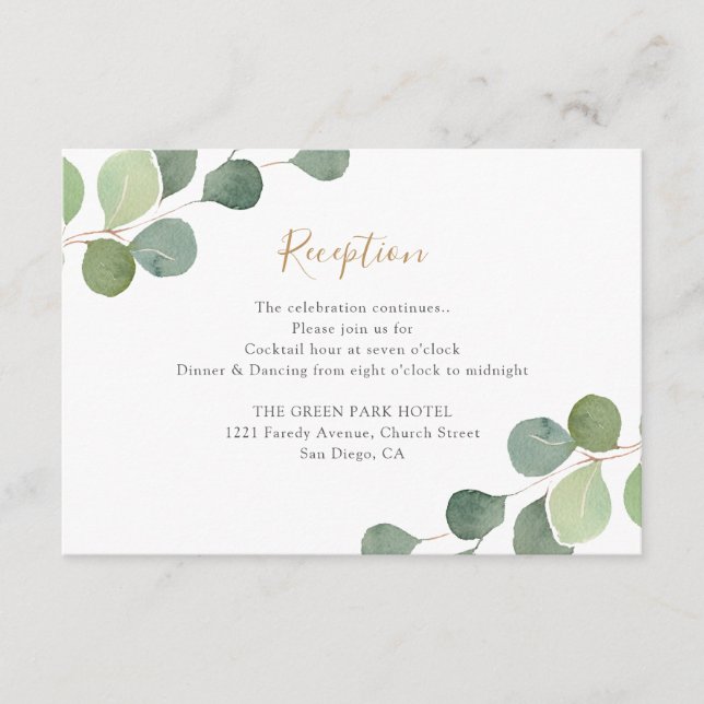 Carte D'accompagnement Réception de mariage avec verdure élégante d'eucal (Devant)