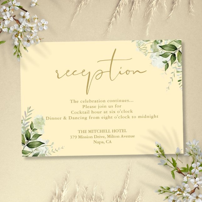 Carte D'accompagnement Réception de mariage avec verdure jaune bouton d'o (Buttercup Yellow Greenery Wedding Reception Enclosure Card)