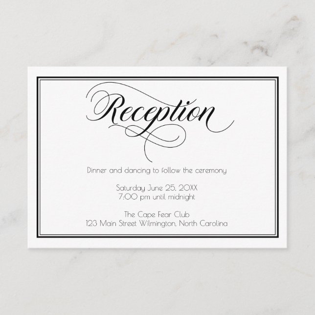 Carte D'accompagnement Réception de mariage Black & White Graceful Script (Devant)