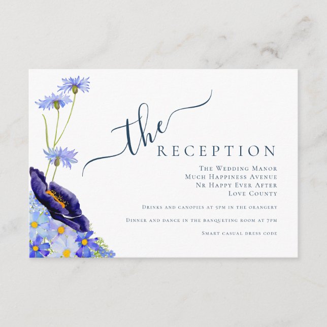 Carte D'accompagnement Réception de mariage bleu aux fleurs sauvages mode (Devant)