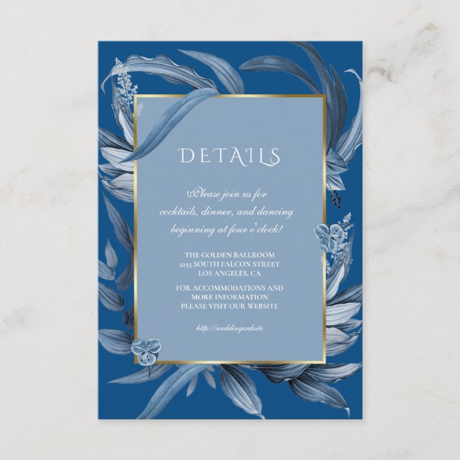Carte D'accompagnement Réception de mariage bleu classique moderne doré (Devant)