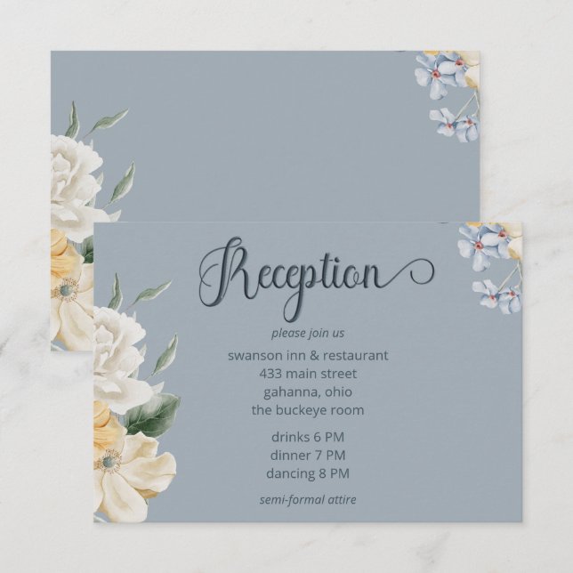 Carte D'accompagnement Réception de mariage bleu jaune et blanc floral (Devant / Derrière)