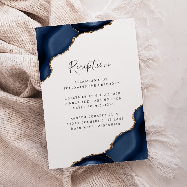 Carte D'accompagnement Réception de mariage bleu marine or agate blanc (Créateur téléchargé)