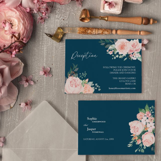 Carte D'accompagnement Réception de mariage Blush Floral Navy (Créateur téléchargé)