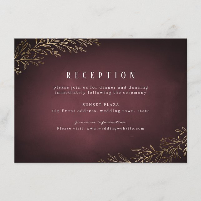 Carte D'accompagnement Réception de mariage botanique bordeaux doré (Devant)