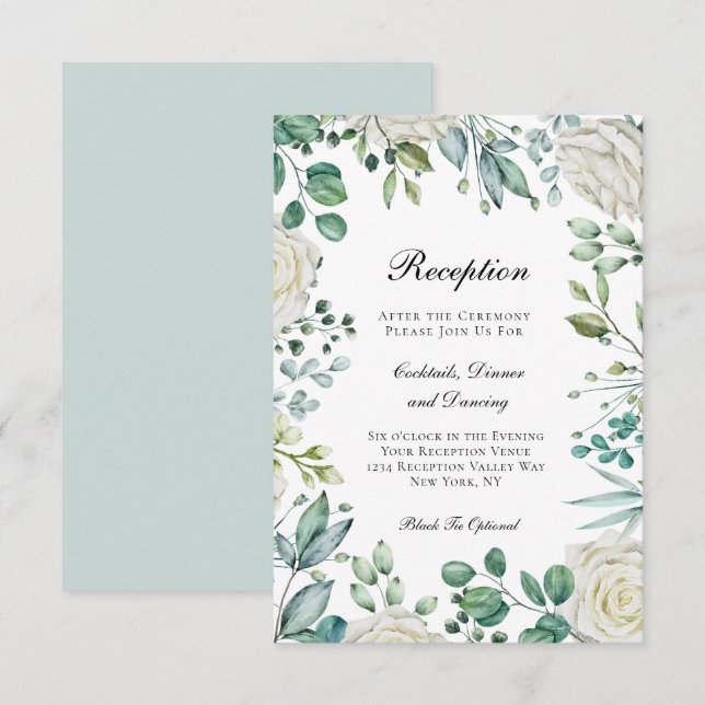 Carte D'accompagnement Réception de mariage botanique Eucalyptus Roses bl (Devant / Derrière)