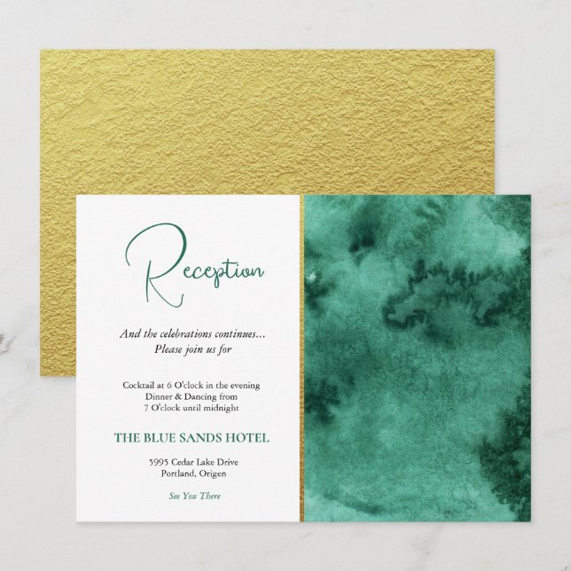 Carte D'accompagnement Réception de mariage branchée Emerald Green & Gold (Devant / Derrière)