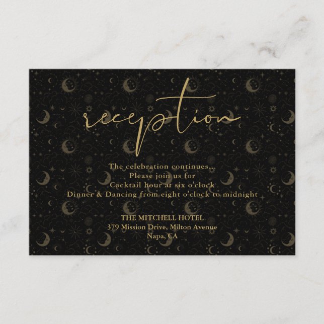 Carte D'accompagnement Réception de mariage céleste élégante noir et or (Devant)