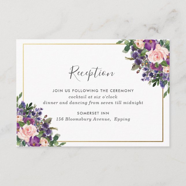 Carte D'accompagnement Réception De Mariage Chic Blush Plum Purple Floral (Devant)