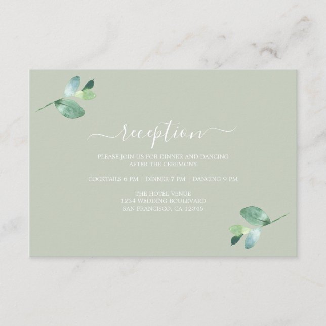 Carte D'accompagnement Réception de mariage chic Script Eucalyptus Foliag (Devant)