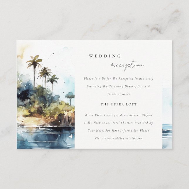 Carte D'accompagnement Réception de mariage Chic Seascape Palm Tree Islan (Devant)