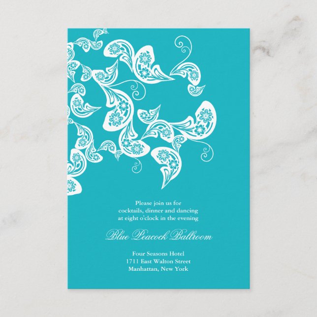 Carte D'accompagnement Réception de mariage chic turquoise et paon à moti (Devant)