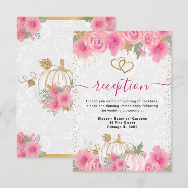 Carte D'accompagnement Réception de mariage citrouille fleurs roses (Devant / Derrière)