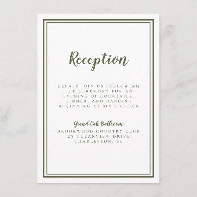 Carte D'accompagnement Réception De Mariage Classique Simple Olive Green  (Devant)