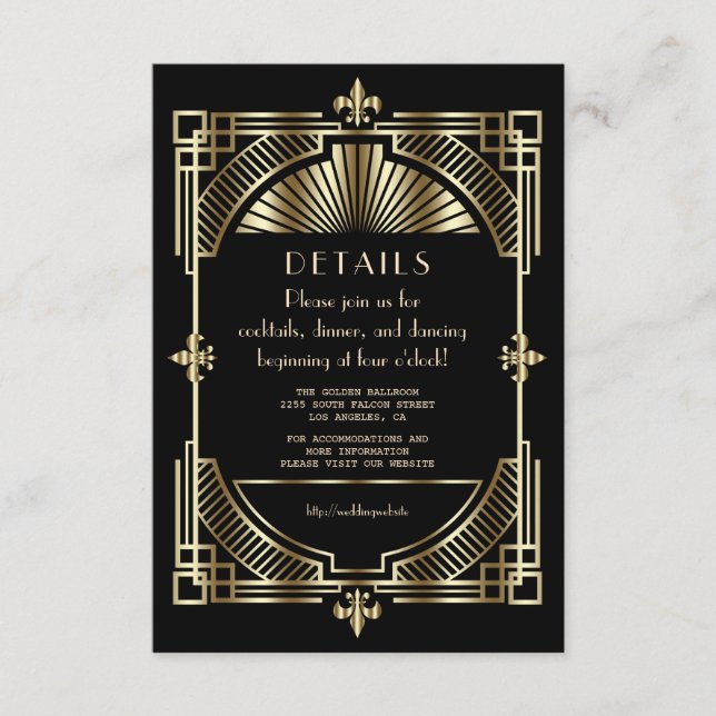 Carte D'accompagnement Réception de mariage de luxe Gold Black Great Gats (Devant)