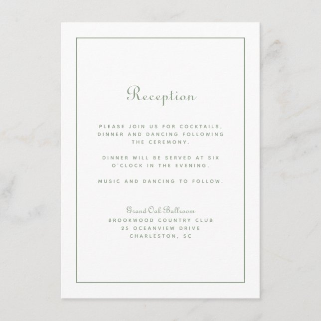 Carte D'accompagnement Réception de Mariage Écriture Élégante Vert Sauge  (Devant)