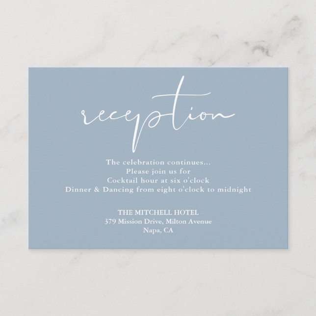 Carte D'accompagnement Réception de mariage élégant écriture bleu poussié (Devant)