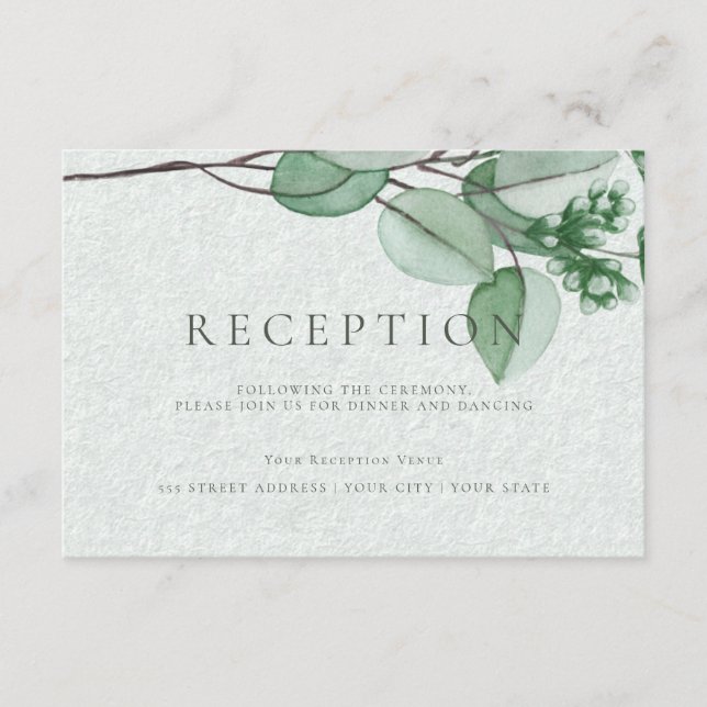 Carte D'accompagnement Réception de mariage | Élégant Eucalyptus à l'aqua (Devant)