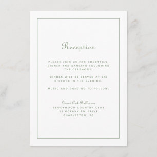 Carte D'accompagnement Réception de mariage Élégant Script Sage Vert Blan