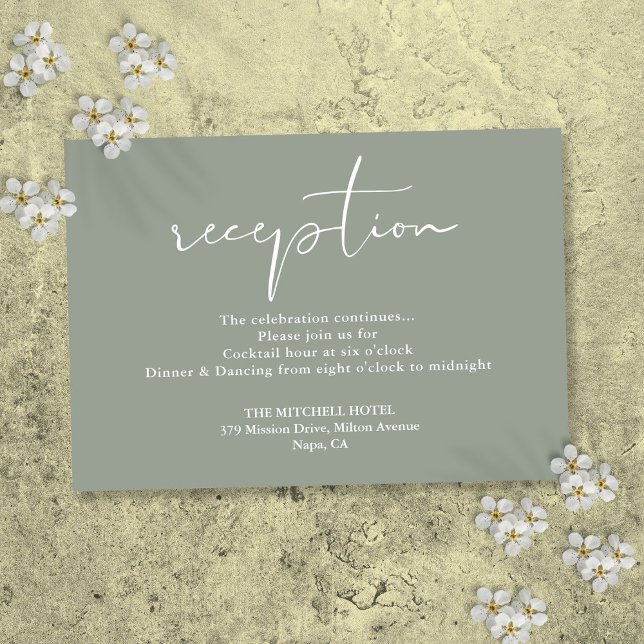 Carte D'accompagnement Réception de mariage élégant script vert sauge (Sage Green Elegant Script Wedding Reception Enclosure Card)