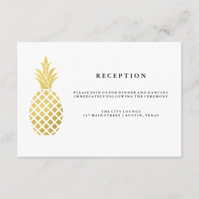 Carte D'accompagnement Réception de mariage élégante au pineapple doré (Devant)