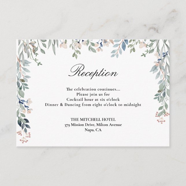 Carte D'accompagnement Réception de mariage élégante avec verdure florale (Devant)