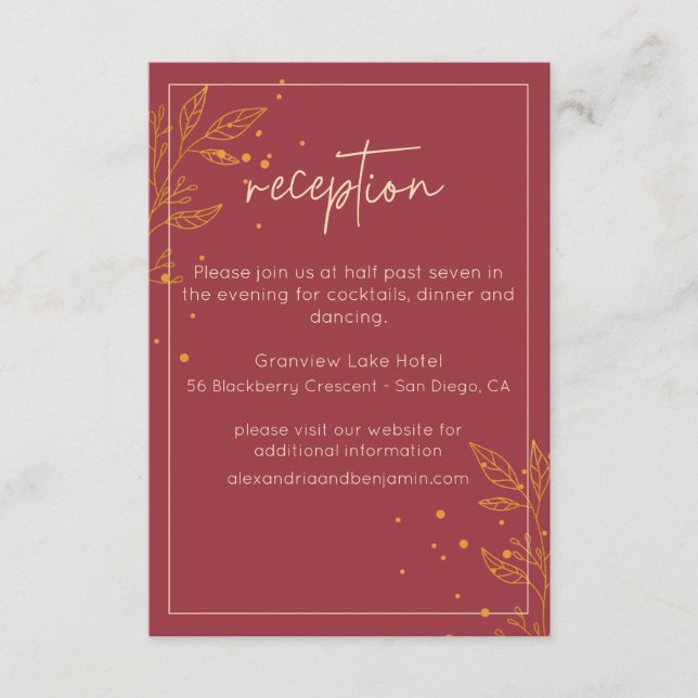 Carte D'accompagnement Réception de mariage élégante en or feuille de rub (Devant)