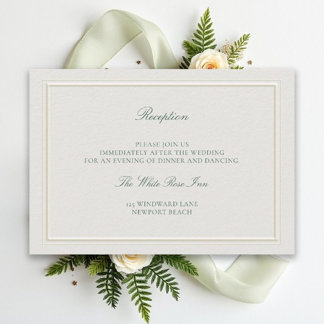 Carte D'accompagnement Réception de mariage élégante et verte classique é (modern classic wedding reception details forest green type double frame ivory formal traditional)