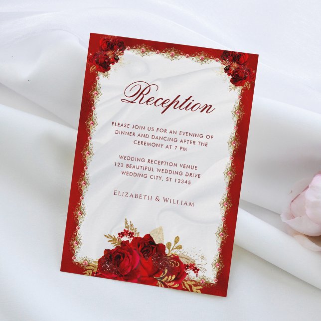 Carte D'accompagnement Réception de mariage élégante florale rouge et or (Créateur téléchargé)