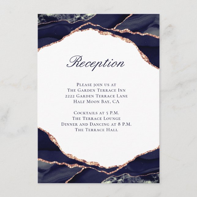 Carte D'accompagnement Réception de mariage élégante Navy Agate et or ros (Devant)