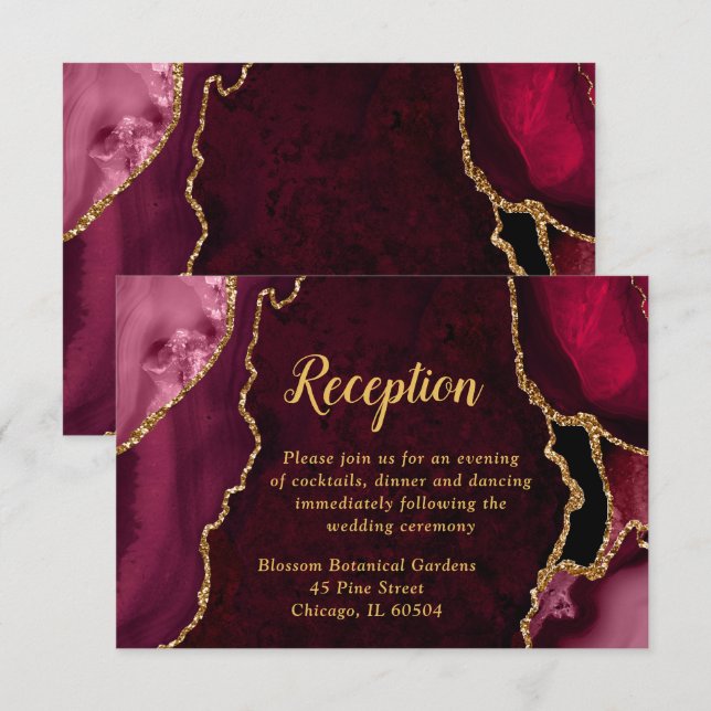 Carte D'accompagnement Réception de mariage en agate rouge et or (Devant / Derrière)