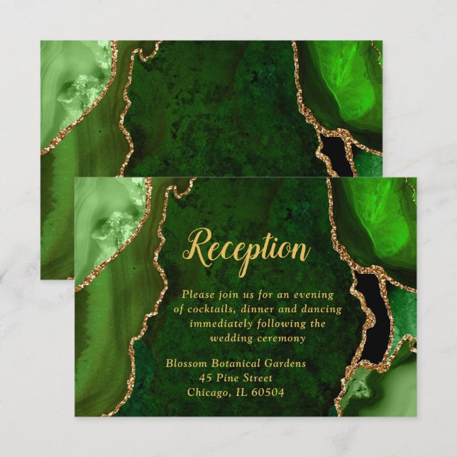 Carte D'accompagnement Réception de mariage en Agate verte et or (Devant / Derrière)