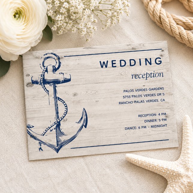 Carte D'accompagnement Réception de mariage en bois rustique avec ancre n (Tie the knot with this rustic light wood nautical sketch anchor wedding reception card. )