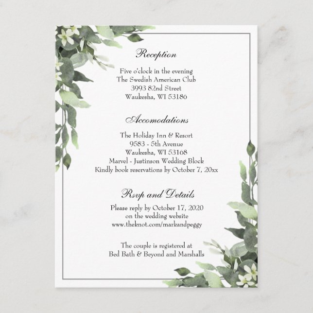 Carte D'accompagnement Réception De Mariage Eucalyptus Simple Et Élégante (Devant)