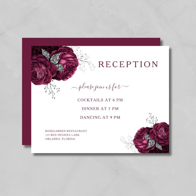 Carte D'accompagnement Réception de mariage floral bordeaux élégant (Elegant Burgundy Floral Wedding Reception Enclosure Card)