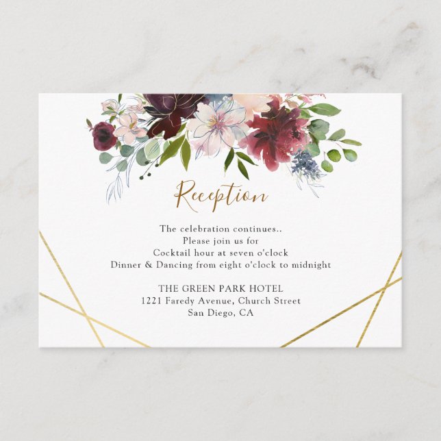 Carte D'accompagnement Réception de mariage floral bordeaux géométrique (Devant)