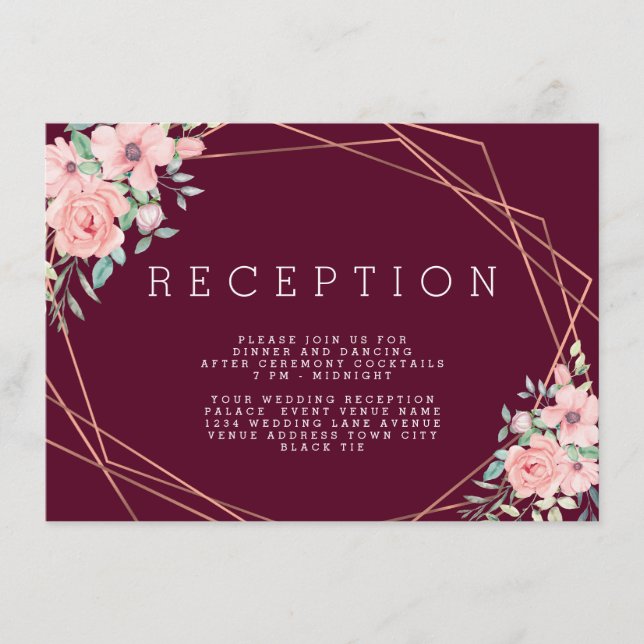 Carte D'accompagnement Réception de mariage floral en cuivre de marsala g (Devant)