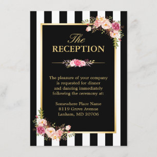 Carte D'accompagnement Réception de mariage Floral Gold Black White Strip