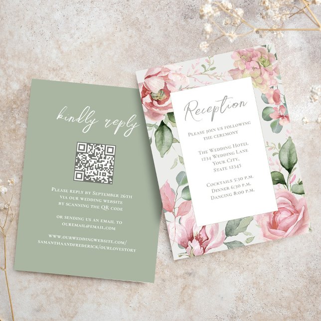 Carte D'accompagnement Réception De Mariage Floral Rose Et Vierge (Reception enclosure card template with QR code. )