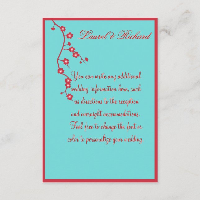 Carte D'accompagnement Réception de mariage floral rouge et turquoise (Devant)