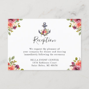 Carte D'accompagnement Réception de mariage florale à l'ancre nautique bl