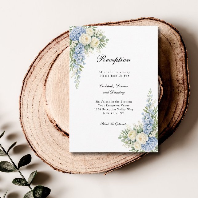 Carte D'accompagnement Réception de mariage florale crème bleu poussiéreu (Dusty Blue, cream watercolor florals wedding reception enclosure card)