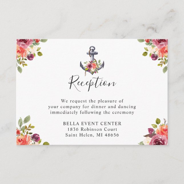 Carte D'accompagnement Réception de mariage florale d'ancre nautique bleu (Devant)