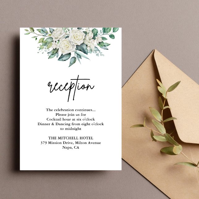 Carte D'accompagnement Réception de mariage florale de verdure Rose blanc (White rose greenery reception enclosure card shares event details with elegant clarity.)