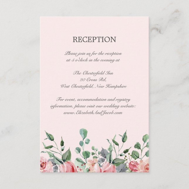 Carte D'accompagnement Réception de mariage florale Elizabeth Pink (Devant)