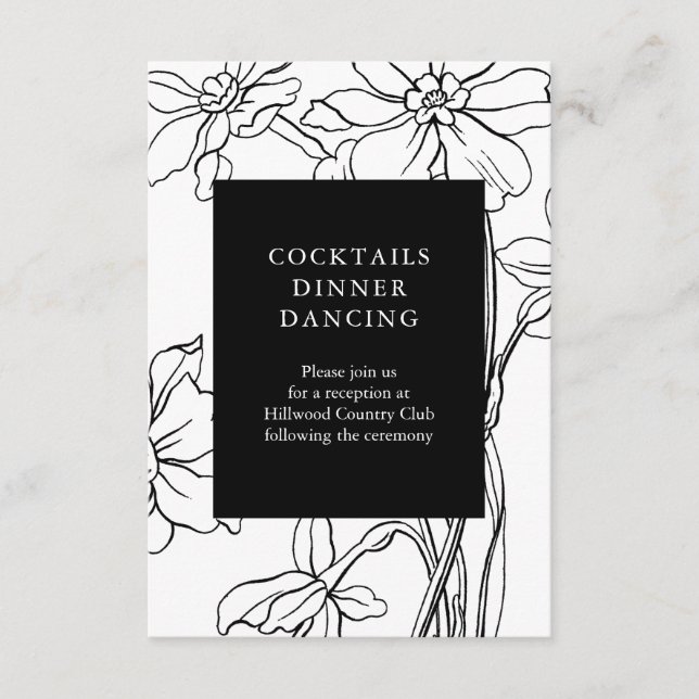 Carte D'accompagnement Réception de mariage florale moderne en noir et bl (Devant)