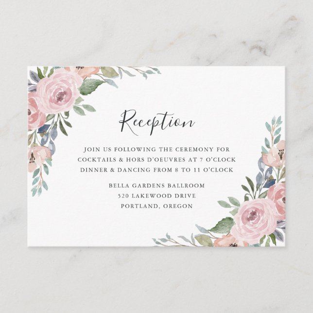 Carte D'accompagnement Réception de mariage florale rose poussiéreuse (Devant)
