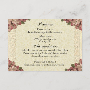 Carte D'accompagnement Réception de mariage florale Roses roses Vintages