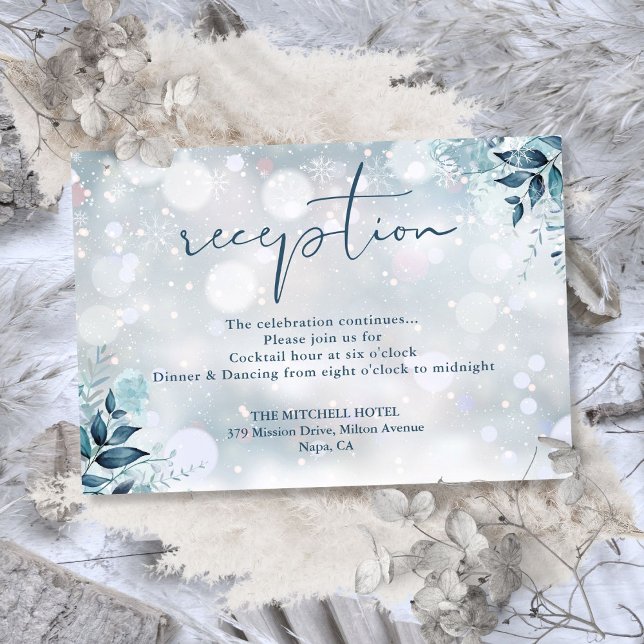 Carte D'accompagnement Réception de mariage florale rustique aux flocons  (Winter Snowflakes Rustic Floral Wedding Reception Enclosure Card)