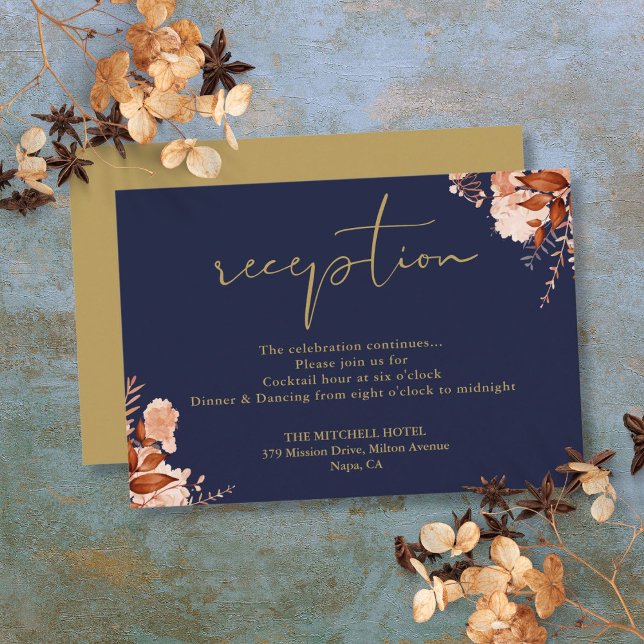 Carte D'accompagnement Réception de mariage florale rustique bleu marine  (Navy Blue And Gold Rustic Floral Wedding Reception Enclosure Card)